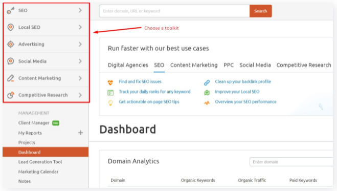 SEMRUSH REVIEW: TOOL TYPES / TOOLKIT OPTIONS AVAILABLE ON DASHBOARD