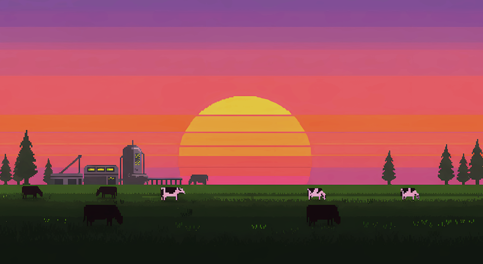 Download 4K pixel art rural sunset landscape wallpaper, featuring a retro-style sunset with cows grazing in a field, industrial buildings, and pixelated trees.