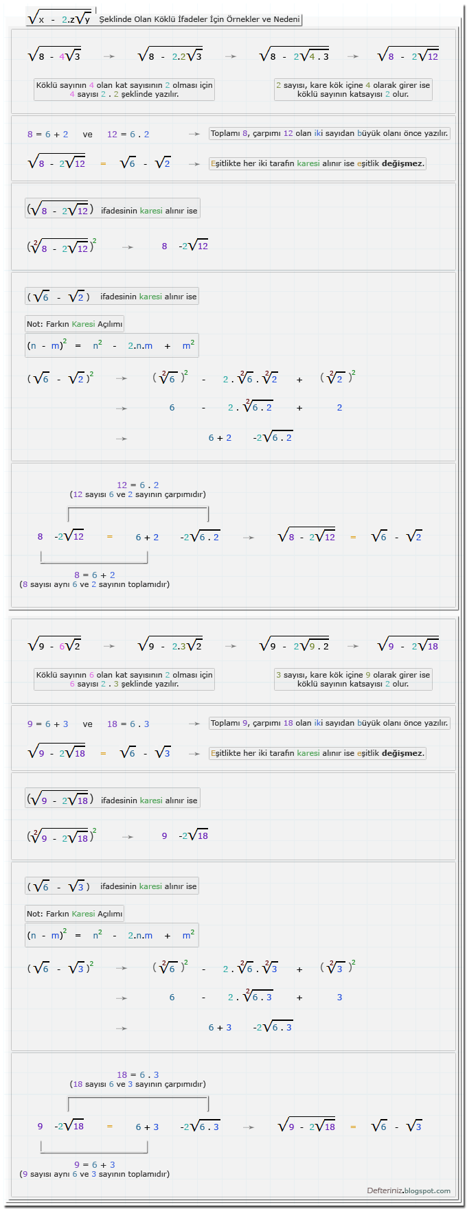 Örnek-31 » √(x - 2.z√y) şeklinde olan köklü ifadeler ve nedeni ile (√a - √b) şeklinde olan ifadelerin karesi için örnekler.