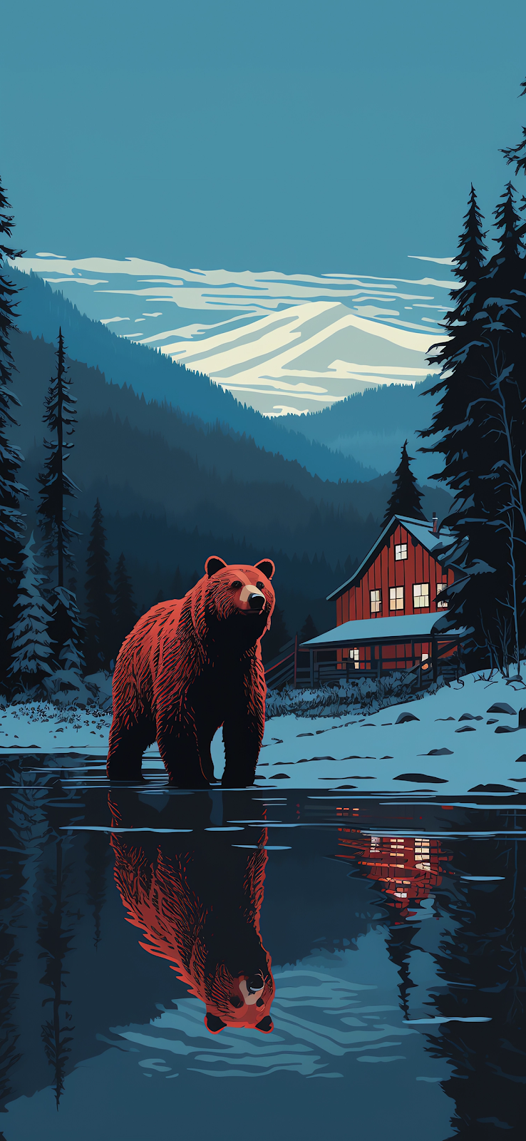 A majestic brown bear stands in a serene mountain lake, reflected in the still water, with a cabin and snow-capped mountains in the background.
