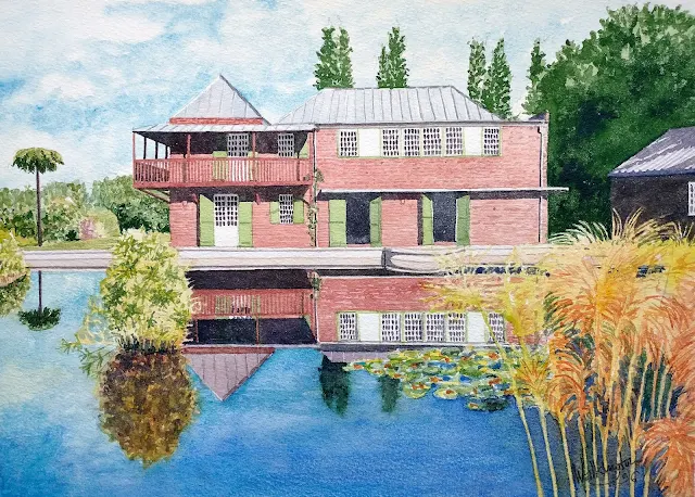 Watercolour of a creole building and plants reflected in a lake, "Conservatoire de botanique Mascarin," by William Walkington