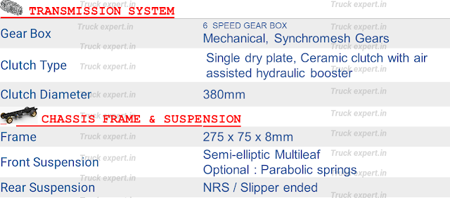 Ashok leyland 4120 8x2 DTLA- Transmission & Suspension The engine of Ashok leyland 4120 8x2 DTLA is coupled with a 6 Speed (6 forward & 1 reverse), synchromesh Transmission system with a single plate dry type ceramic clutch with a clutch Diameter of 380mm.  The chassis frame Section of Ashok leyland 4120 8x2 DTLA is 275 x 75x 8mm.   Ashok leyland 4120 8x2 DTLA comes with Semi-elliptic Multi Leaf or Parabolic springs at Front & Non-Reactive Suspension or Slipper end suspension at Rear suspension.