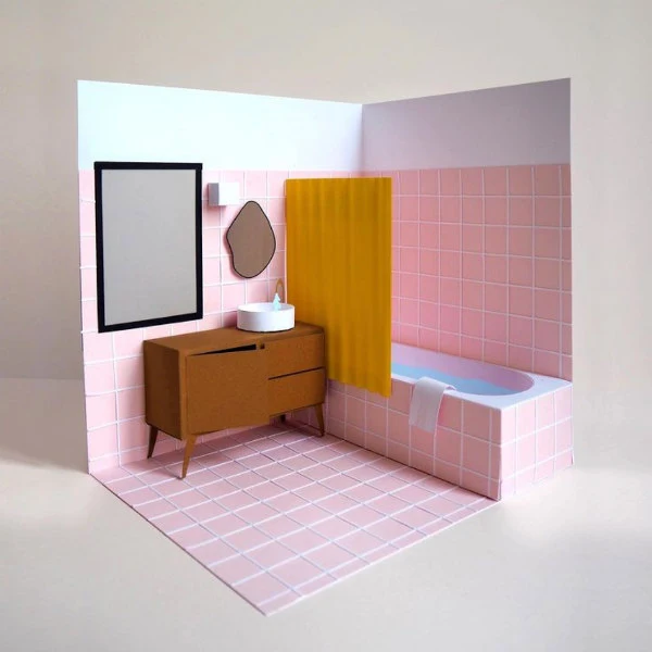 pink tile paper sculpture bathroom with tub, vanity, sink, mirror