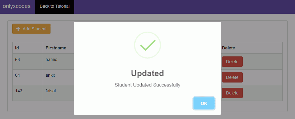 swal() function displays data updated successful message - database connection example