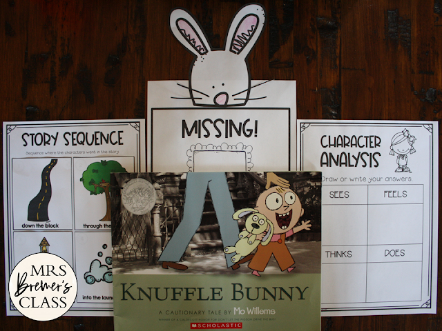 Knuffle Bunny book study activities literacy unit with Common Core aligned companion activities and a craftivity for Kindergarten and First Grade