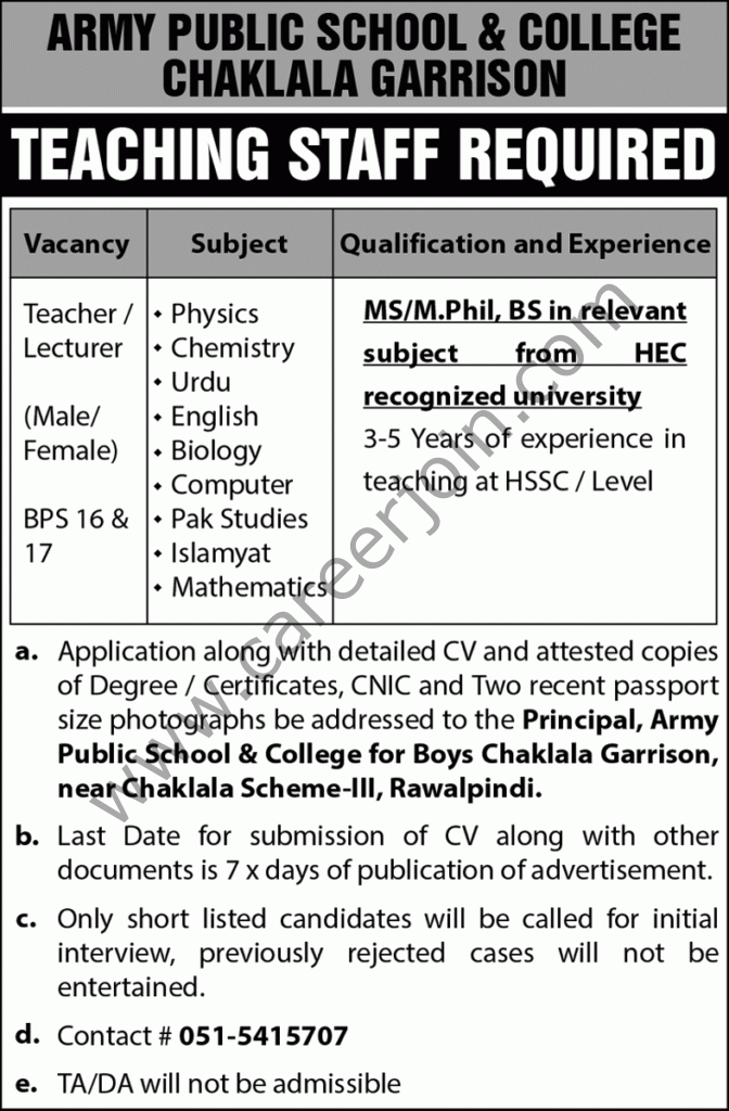 Jobs in Army Public School & College Chaklala Garrison