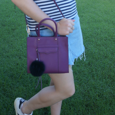 Rebecca Minkoff mini MAB tote in plum with navy stripes and denim skirt | awayfromtheblue
