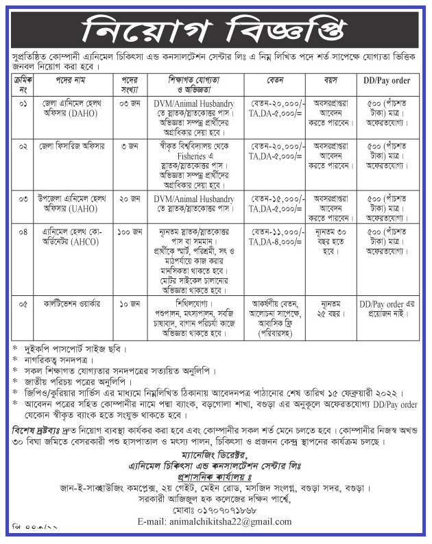 এনিমেল চিকিৎসা এন্ড কনসালটেন্ট সেন্টার নিয়োগ বিজ্ঞপ্তি ২০২২