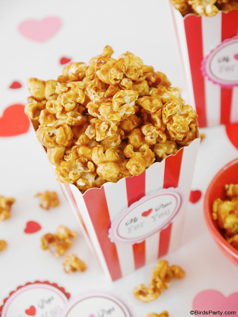 Salted Caramel Popcorn Recipe - quick, easy, cheap recipe for a Oscars movie night, popcorn bar, Super Bowl appetizer or party favor edible gift idea! by BirdsParty.com @BirdsParty #popcorn #caramelcorn #caramelpopcorn #saltedcaramel #saltedpopcorn #saltedcaramelpopcorn #popcornbar #movienight #oscars #superbowl #valentinesday #snacks #partyfavors #partyideas #ediblegifts #recipe #popcornprintables