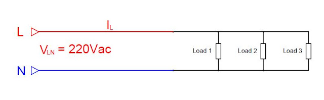 Contoh rangkaian suplai 1 phase, 3 beban parallel