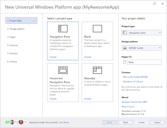 The wizard for 'Template Studio for UWP'