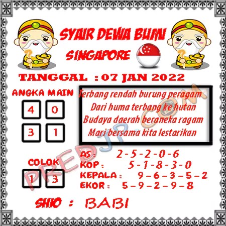 Prediksi Dewa Bumi Togel Singapura Sabtu 07 Januari 2023