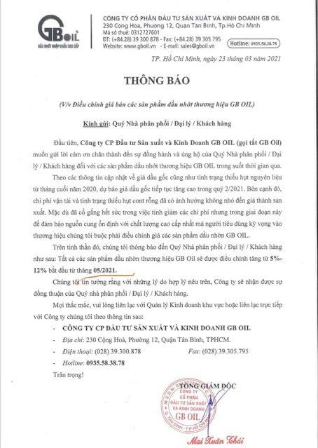 Thông báo tăng giá dầu nhớt gpoil