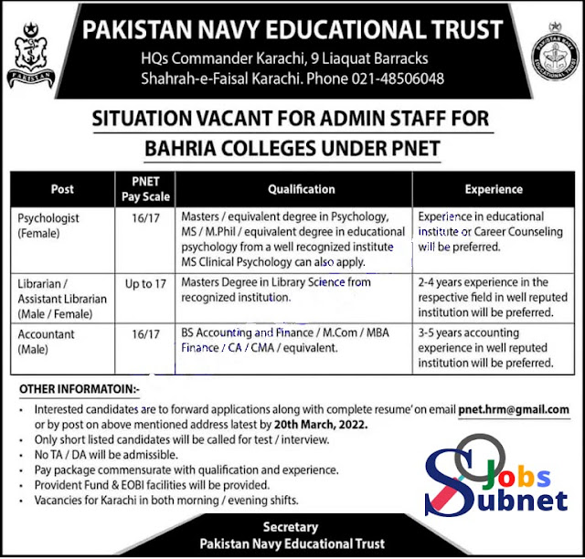 Govt Pakistan Navy Educational Trust (PNET Jobs 2022 in Karachi)