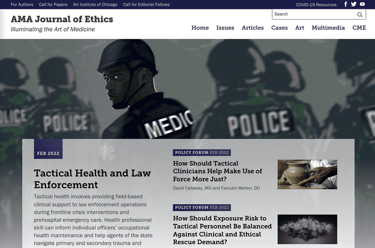 Screengrab of the AMA Journal of Ethics' dark mode hero and website navigation
