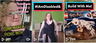 Screenshot of three videos on tiktok, the left is labelled "come make a picnic with me" and is a close up of my face, blonde, white, with glasses. the middle is labelled "i am disabled &" and is a full body shot of me, blonde white, in a wheelchair with a long black dress, the right is a photo labelled "build with me" and is of a box of Harry Potter lego, of Hedwig the owl