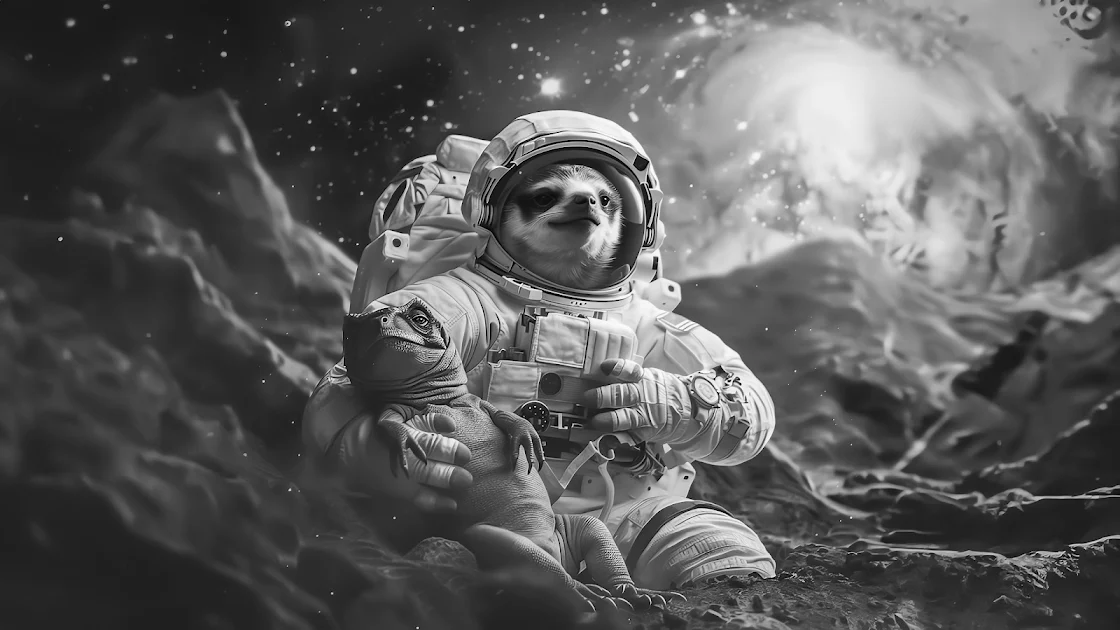 Monochrome 4K PC wallpaper featuring a sloth astronaut amidst a galactic backdrop, perfect for adding a touch of whimsy to your desktop.