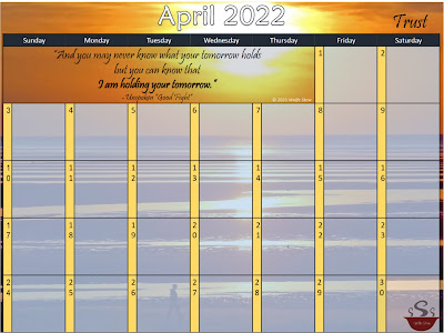 A sunset over water background with an April 2022 calendar foreground.