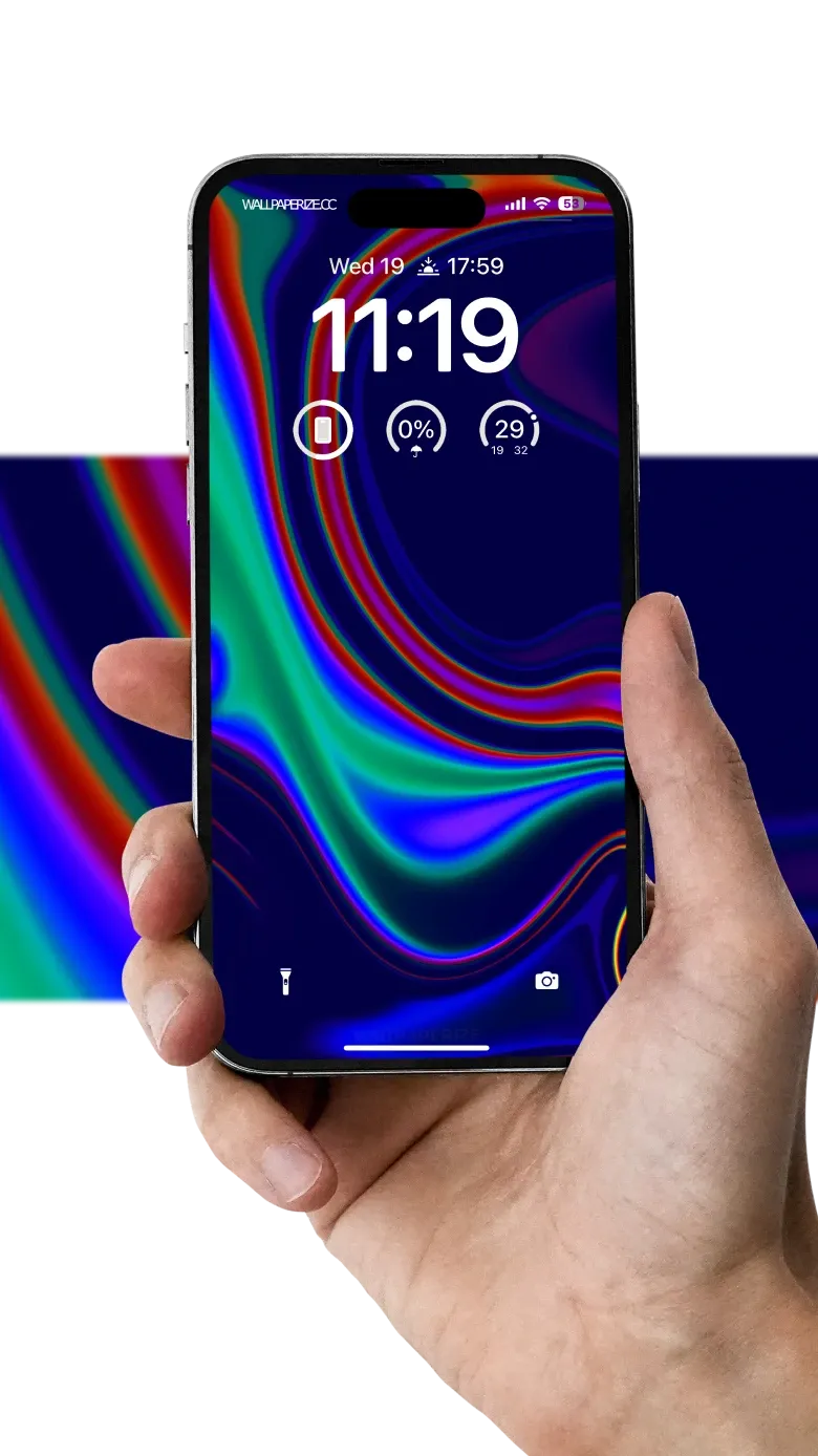 A hand holding a smartphone with a mesmerizing fluid wallpaper showcasing waves of blue, green, and red on the screen, blending into the dark background.