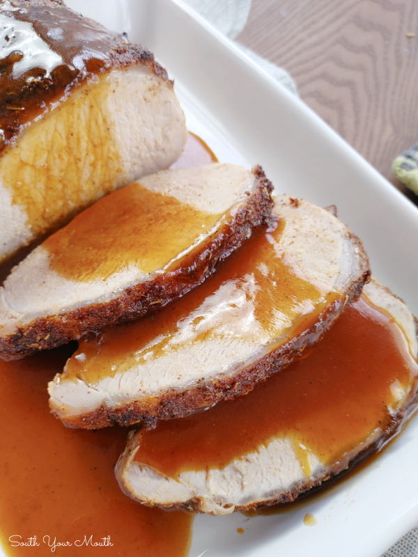 Perfect Pork Loin with Effortless Au Jus! The absolute easiest, perfectly cooked roasted pork loin that’s tender and juicy every time with au jus that is deglazed in the oven as the roast bakes.