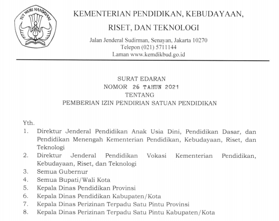 Surat Edaran (SE) Sesjen KcemendikbudRistek Nomor 26 Tahun 2021 Tentang Pemberian Izin Pendirian Satuan Pendidikan