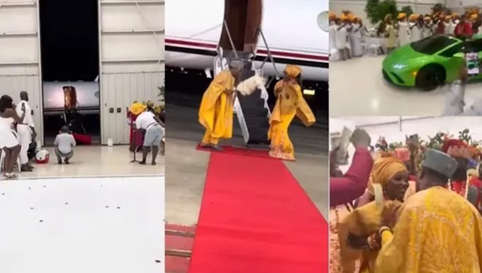 Money Is Sweet - Nigerian Couple Arrive Their Wedding In Private Jet, Drive Lamborghini To Reception (VIDEO)