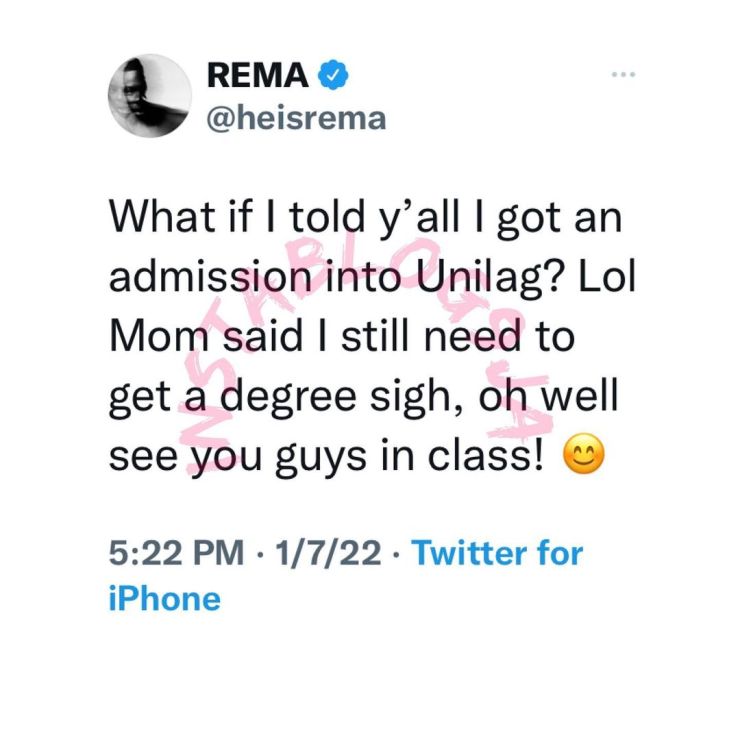 Singer Rema gains admission to the University of Lagos