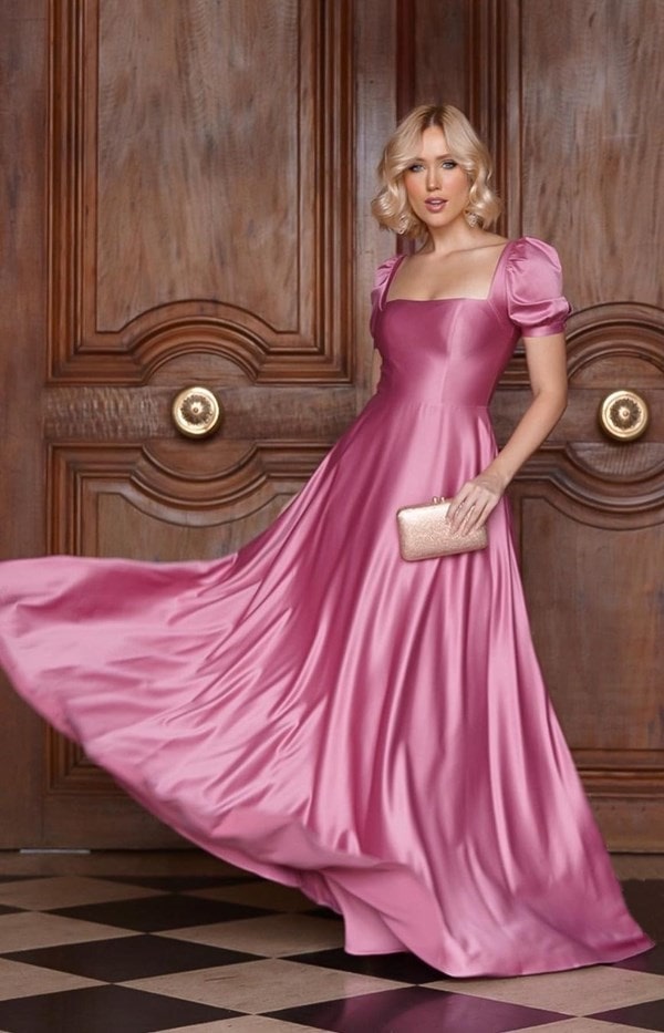 vestido longo rosa antigo com mangas curtas para madrinha de casamento