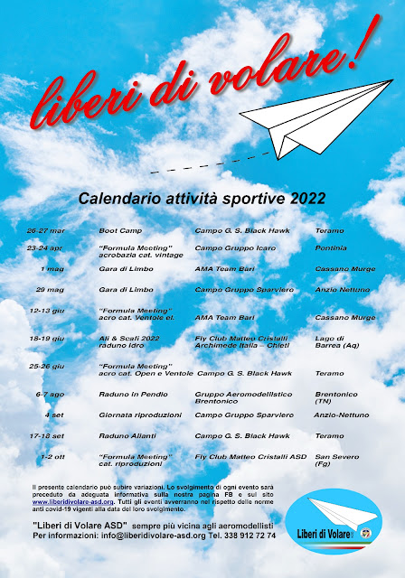 Calendario eventi organizzati da Liberi di Volare ASD 2022