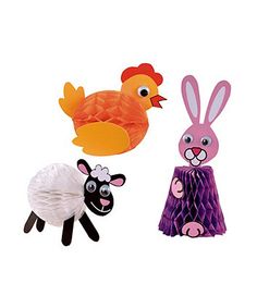 A yellow chick, a pink rabbit and a white sheep decorations. The heads and legs of all of them are made from printed cardboard and the bodies are made of tissue paper in fanned out honeycombs in the appropriate color to go with the character.