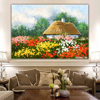 Oil paintings landscape, wooden house with flowers and grass