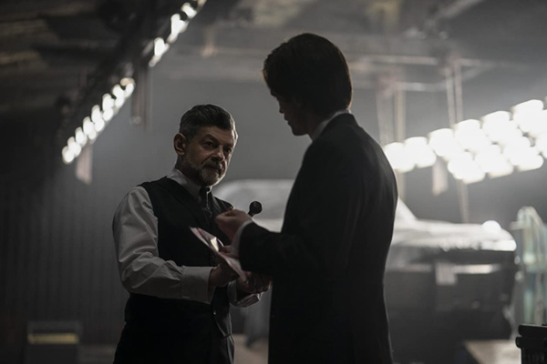 Alfred Pennyworth (Andy Serkis) talks to Bruce Wayne about his family's legacy in THE BATMAN.