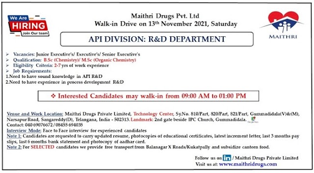 Maithri Drugs | Walk-in interview for R&D on 13th Nov 2021