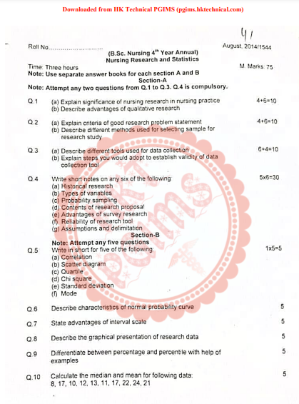 Nursing Research & Statistics 3rd Year BSc Nursing Previous Year's Question Paper,Nursing Research And Statistics,Previous Year's Question Papers,PGIMS Question Paper,BSc Nursing,BSc Nursing 3rd Year,Nursing Research & Statistics,