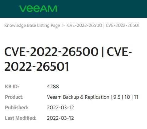 Alerta Veeam CVE-2022-26500 | CVE-2022-26501