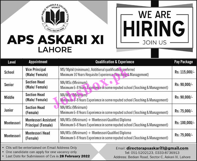 Army Public School Askari XI Lahore Jobs 2022