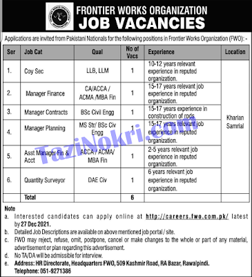 Pak Army Frontier Works Organization (FWO) for Assistant Managers, Chief Financial Officer, Copy Sec, Managers, Office Superintendent, Senior Manager, Assistant Senior Manager & Quantity Surveyor