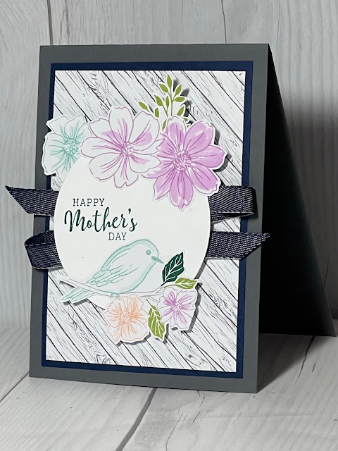 FLoral and bird images used to create a Mother's Day Card using Friendly Hello Designer Series Paper from Stampin' Up!
