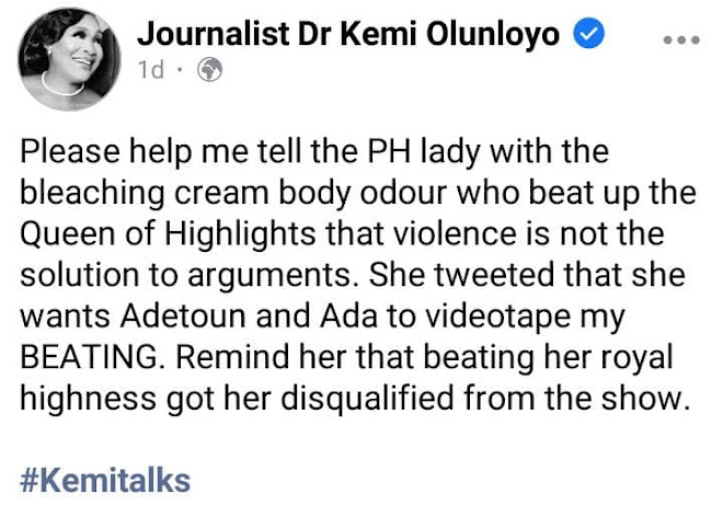 PH Lady with Bleaching cream and Body Odour-Kemi Olunloyo mocks Tacha