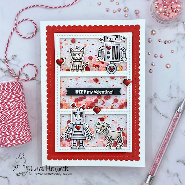 Robot Valentine Shaker Card by Tina Herbeck | Love Bots Stamp Set, Love & Meows Paper Pad and A7 Frames & Banners Die Set by Newton's Nook Designs