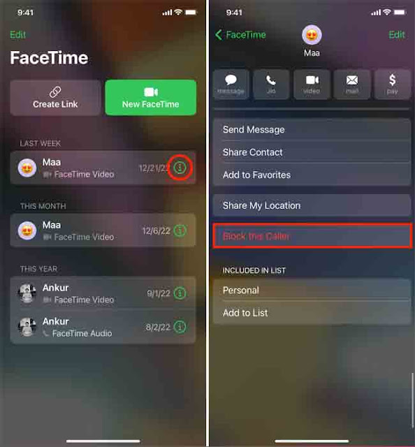 حظر المتصل في تطبيق FaceTime على iPhone