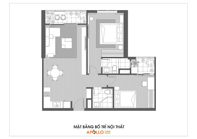 Thiết kế nội thất căn hộ 2 phòng ngủ The Terra An Hưng có diện tích 74m2