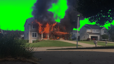 A house on fire in the suburbs set against a green background.