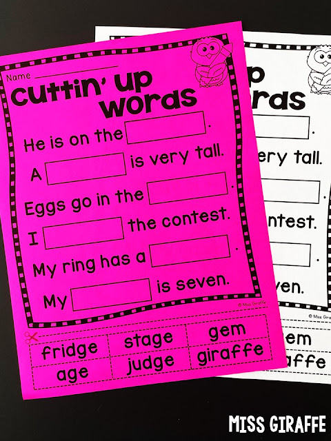 Soft G Missing word worksheets for kids