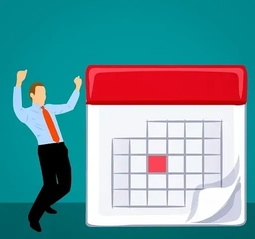 Ilustração de um homem feliz ao lado de um grande calendário destacando uma data importante.