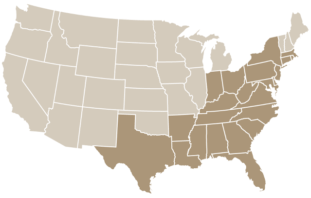 Map showing which US states sell Yuengling beer