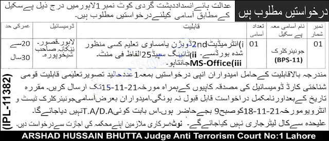 Anti – Terrorism Court Lahore jobs 2021