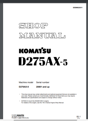 Komatsu D275AX-5 Dozer Bulldozer service repair manual.