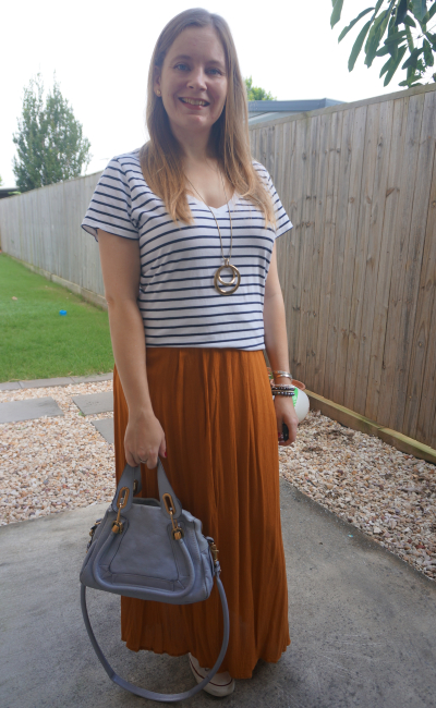 striped tee with ochre maxi skirt Converse and Chloe Paraty bag autumn mum style | awayfromblue