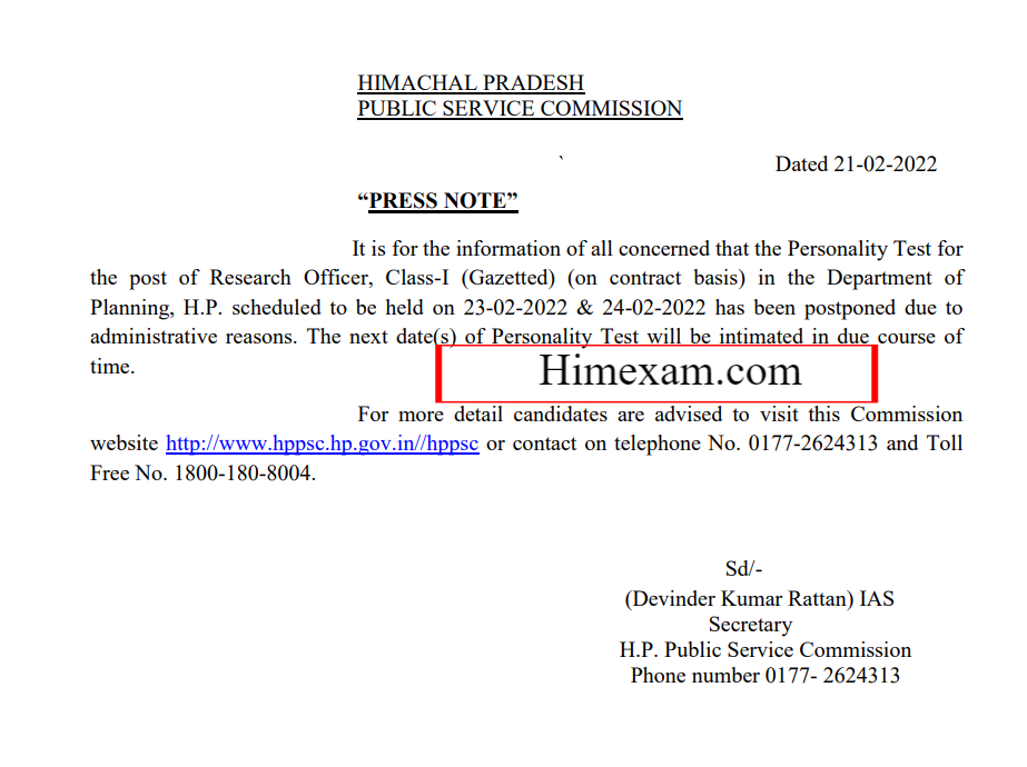 HPSSC Shimla Research Officer, Class-I (Gazetted) New Exam Date 2022